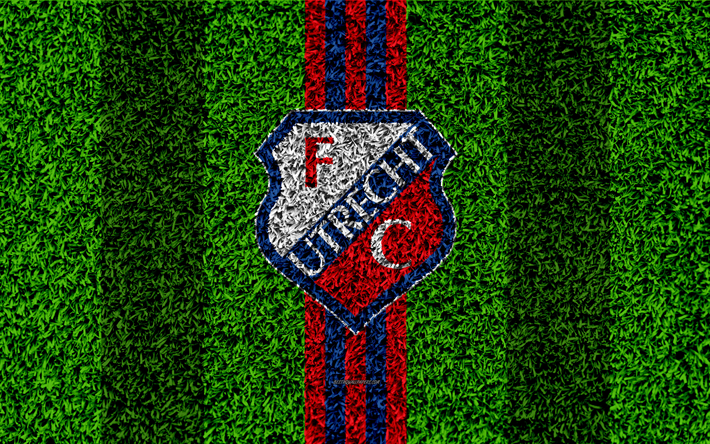 FC Utrecht, 4k, emblema de f&#250;tbol de c&#233;sped, holand&#233;s club de f&#250;tbol, el logotipo, el c&#233;sped de textura, Eredivisie, rojo azul, l&#237;neas, Utrecht, pa&#237;ses Bajos, f&#250;tbol