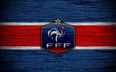 4k, France national football team, logo, Europe, football, wooden texture, soccer, France, European national football teams, French Football Federation