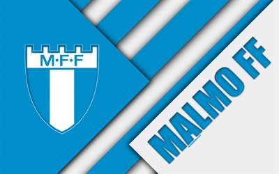 malm&#246; fc, 4k, logo, material, design, schwedische fu&#223;ball-club blau-wei&#223;en abstraktion, allsvenskan, malmo, schweden, fu&#223;ball, malm&#246; ff, mff