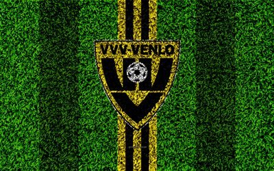 VVV-Venlo FC, 4k, emblem, football lawn, Dutch football club, logo, grass texture, Eredivisie, yellow black lines, Venlo, Netherlands, football
