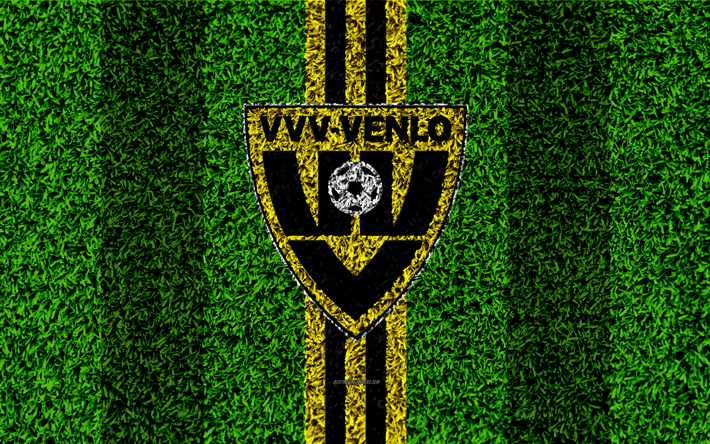 VVV-Venlo FC, 4k, embl&#232;me de, football de la pelouse, le club de foot n&#233;erlandais, le logo, la texture d&#39;herbe, Eredivisie, jaune, noir lignes, Venlo, pays-bas, le football
