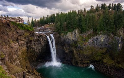 Snoqualmie Falls, clouds, Washington, USA, beautiful waterfall, forest