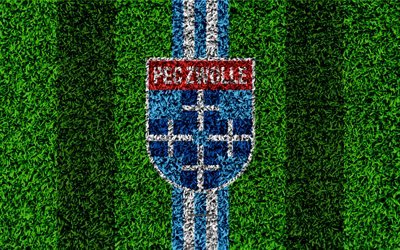 PEC Zwolle FC, 4k, emblem, football lawn, Dutch football club, logo, grass texture, Eredivisie, blue white lines, Zwolle, Netherlands, football