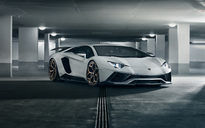 4k, Lamborghini Aventador S, Novitec Torado, 2018, supercar, la hauteur, la nouvelle Aventador blanche, des voitures de sport italiennes, parking souterrain, Lamborghini