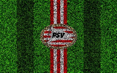 PSV Eindhoven, 4k, tunnus, jalkapallo nurmikko, Hollantilainen jalkapalloseura, PSV-logo, ruohon rakenne, Eredivisie, punainen valkoinen linjat, Eindhoven, Alankomaat, jalkapallo, PSV FC