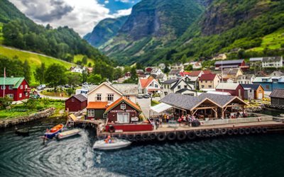 Norway, 4k, town, summer, mountains, tilt-shift, Europe