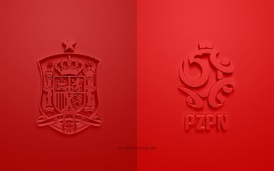Espagne vs Pologne, UEFA Euro 2020, Groupe E, logos 3D, fond rouge, Euro 2020, match de football, &#233;quipe nationale de football d&#39;Espagne, &#233;quipe nationale de football de Pologne
