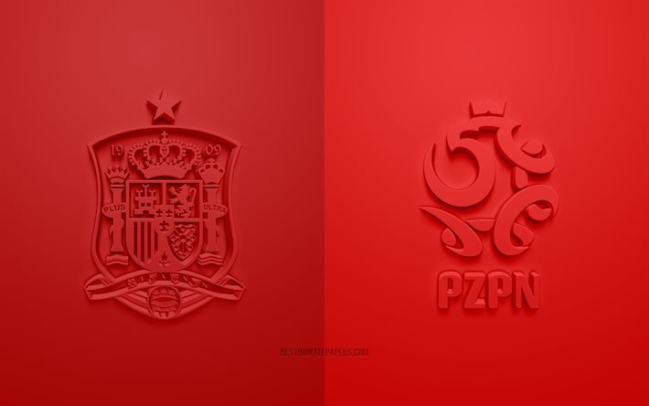 Spanien vs Polen, UEFA Euro 2020, Grupp E, 3D-logotyper, r&#246;d bakgrund, Euro 2020, fotbollsmatch, Spaniens fotbollslandslag, Polens fotbollslandslag