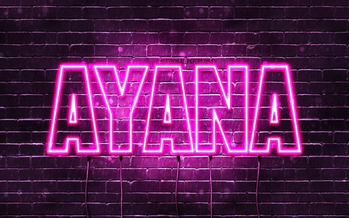 Ayana, 4k, pap&#233;is de parede com nomes, nomes femininos, nome Ayana, luzes de n&#233;on roxas, Feliz Anivers&#225;rio Ayana, nomes femininos cazaques populares, imagem com nome Ayana