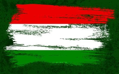 4k, drapeau de la Hongrie, drapeaux de grunge, pays europ&#233;ens, symboles nationaux, coup de pinceau, drapeau hongrois, art grunge, Europe, Hongrie