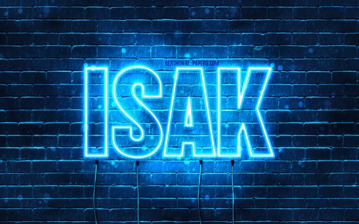 Isak, 4k, fonds d&#39;&#233;cran avec des noms, nom Isak, n&#233;ons bleus, joyeux anniversaire Isak, noms masculins norv&#233;giens populaires, photo avec nom Isak