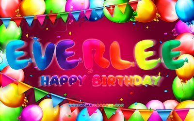 Joyeux anniversaire Everlee, 4k, cadre ballon color&#233;, nom Everlee, fond violet, Everlee joyeux anniversaire, Everlee anniversaire, noms f&#233;minins am&#233;ricains populaires, concept d&#39;anniversaire, Everlee