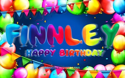 Joyeux anniversaire Finnley, 4k, cadre ballon color&#233;, nom de Finnley, fond bleu, Finnley joyeux anniversaire, anniversaire de Finnley, noms masculins am&#233;ricains populaires, concept d&#39;anniversaire, Finnley