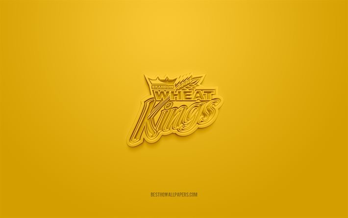 Brandon Wheat Kings, luova 3D-logo, keltainen tausta, 3D-tunnus, Kanadan j&#228;&#228;kiekkojoukkueen kerho, WHL, Manitoba, Kanada, 3d-taide, j&#228;&#228;kiekko, Brandon Wheat Kings 3D-logo