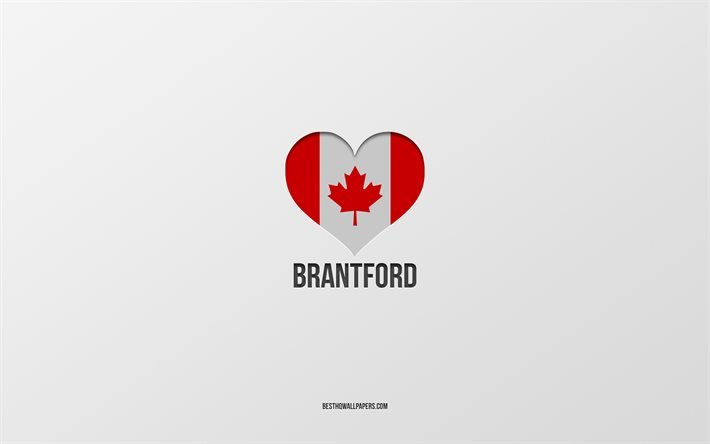 I Love Brantford, cidades canadenses, fundo cinza, Brantford, Canad&#225;, cora&#231;&#227;o com bandeira canadense, cidades favoritas, Love Brantford