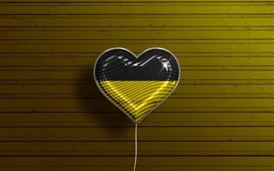 Amo il Baden-W&#252;rttemberg, 4k, palloncini realistici, fondo di legno giallo, Stati della Germania, cuore della bandiera del Baden-W&#252;rttemberg, bandiera del Baden-W&#252;rttemberg, palloncino con bandiera, stati tedeschi, amore del Baden-W&#252;rt