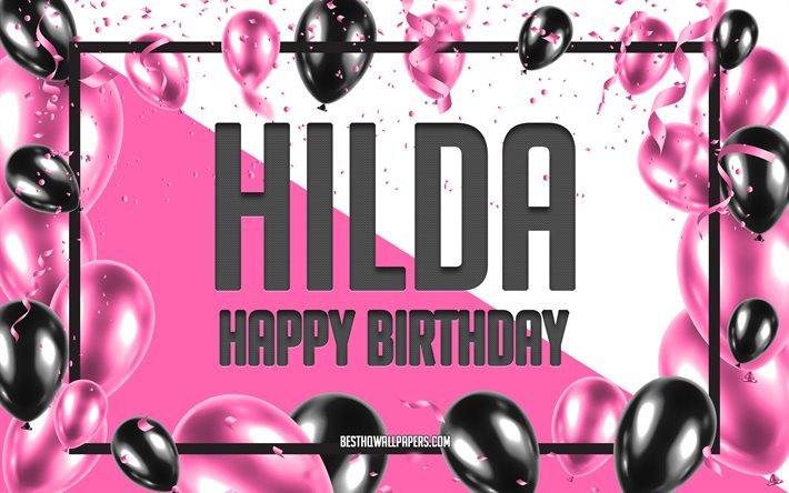 お誕生日おめでとうヒルダ, 3Dアート, 誕生日の3D背景, ヒルダ, ピンクの背景, ヒルダお誕生日おめでとう, 3Dレター, ヒルダの誕生日, 創造的な誕生日の背景