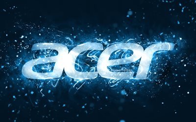 Acer sininen logo, 4k, siniset neonvalot, luova, sininen abstrakti tausta, Acer-logo, tuotemerkit, Acer