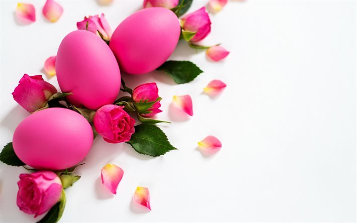 Pink Easter eggs, spring, pink roses, Easter, spring holidays, Easter eggs