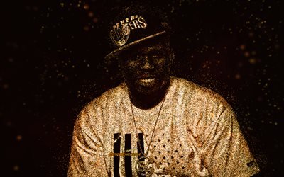 50 Cent, gold glitter art, black background, American rapper, 50 Cent art, Curtis James Jackson