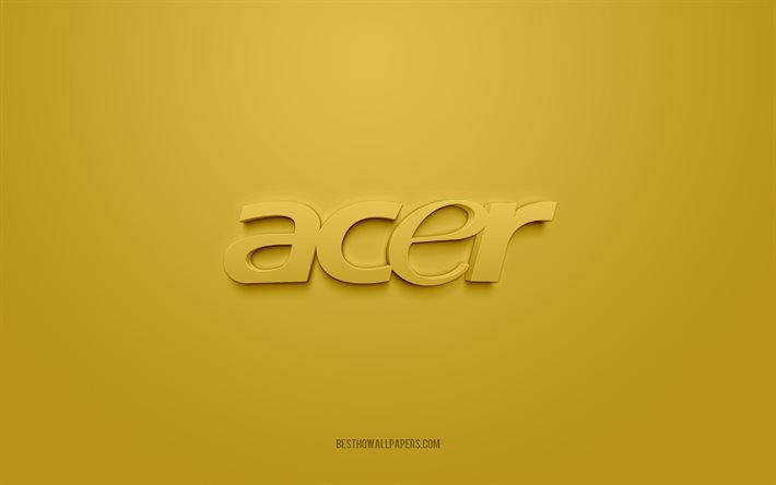 エイサーのロゴ, 黄色の背景, Acer3dロゴ, 3Dアート, エイサー, ブランドロゴ, 黄色の3dエイサーロゴ