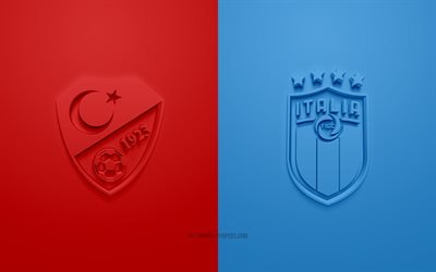 Turquia x Itália, UEFA Euro 2020, Grupo A, logotipos 3D, fundo vermelho azul, Euro 2020, partida de futebol, seleção italiana de futebol, seleção turca de futebol