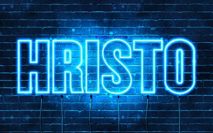 Hristo, 4k, fonds d&#39;&#233;cran avec des noms, nom Hristo, n&#233;ons bleus, joyeux anniversaire Hristo, noms masculins bulgares populaires, photo avec nom Hristo