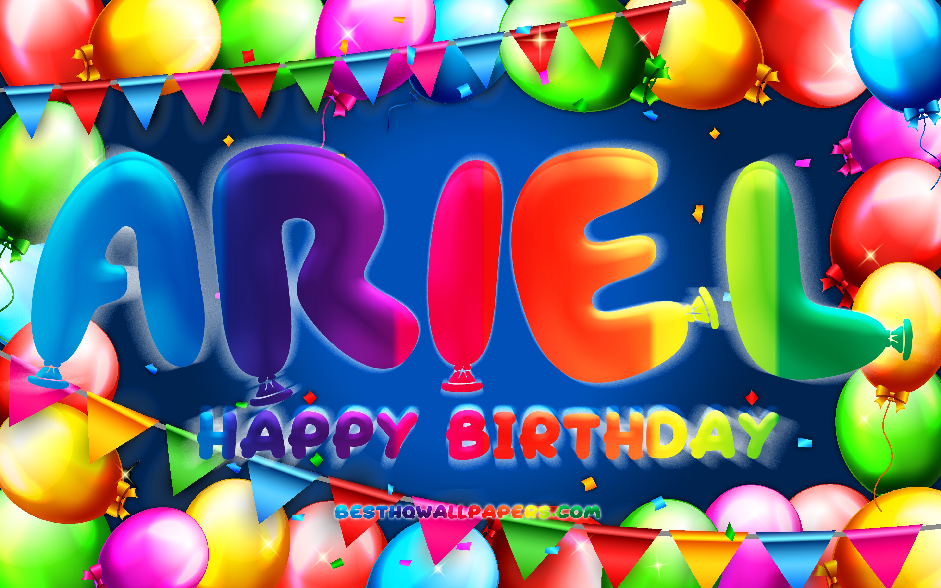 Happy Birthday Ariel, 4k, colorful balloon frame, Ariel name, blue backgrou...
