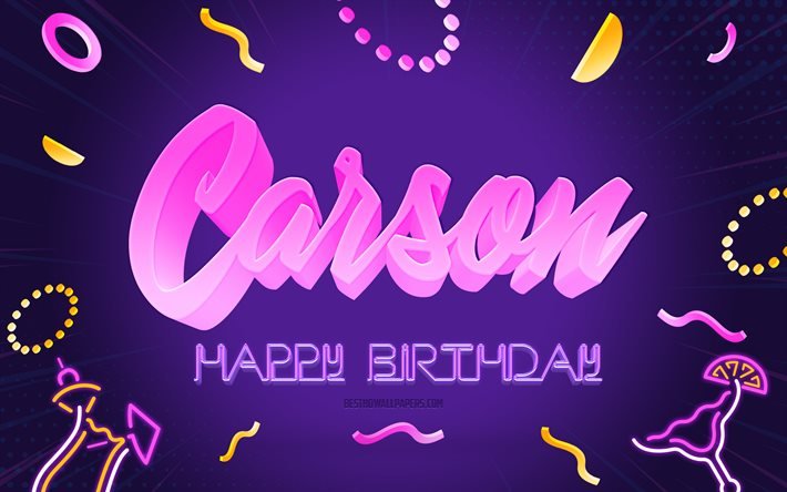 Happy Birthday Carson, 4k, Purple Party Background, Carson, creative art, Happy Carson birthday, Carson name, Carson Birthday, Birthday Party Background