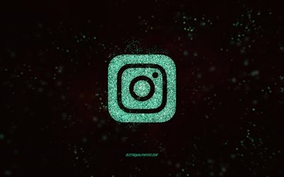 Instagram parıltı logosu, siyah arka plan, Instagram logosu, turkuaz parıltı sanatı, Instagram, yaratıcı sanat, Instagram mor parıltı logosu
