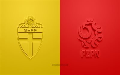 İsve&#231; - Polonya, UEFA Euro 2020, Grup E, 3D logolar, sarı kırmızı arka plan, Euro 2020, futbol ma&#231;ı, Polonya milli futbol takımı, İsve&#231; milli futbol takımı