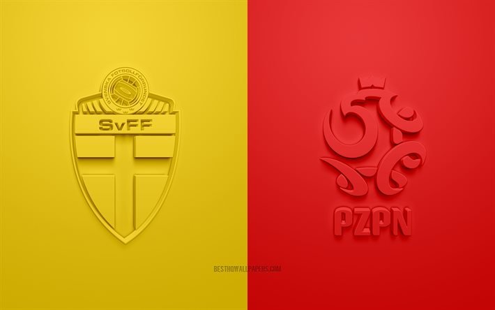 Sverige vs Polen, UEFA Euro 2020, Grupp E, 3D-logotyper, gul r&#246;d bakgrund, Euro 2020, fotbollsmatch, Polens fotbollslandslag, Sveriges fotbollslandslag
