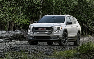 2022, GMC Terrain AT4, 4k, front view, exterior, white SUV, new white Terrain AT4, american cars, GMC