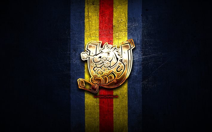 Barrie Colts, golden logo, OHL, blue metal background, canadian hockey team, Barrie Colts logo, hockey, Canada