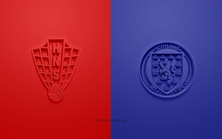 クロアチアvsスコットランド, UEFAユーロ2020, 群Ｄ, 3Dロゴ, 赤青の背景, ユーロ2020, サッカーの試合, スコットランド代表サッカーチーム, クロアチア代表サッカーチーム