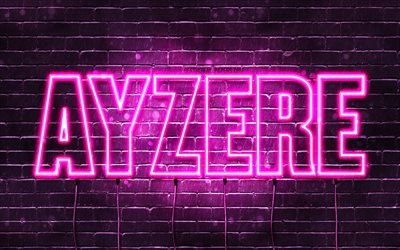 ayzere, 4k, hintergrundbilder mit namen, weibliche namen, ayzere-name, lila neonlichter, happy birthday ayzere, beliebte kasachische weibliche namen, bild mit ayzere-namen