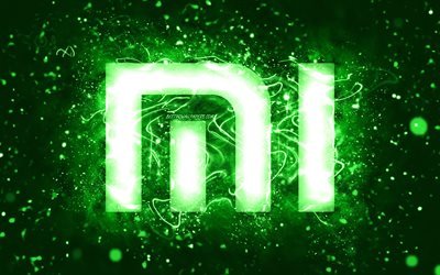 Xiaomi green logo, 4k, green neon lights, creative, green abstract background, Xiaomi logo, brands, Xiaomi