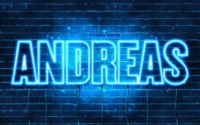 Andreas, 4k, wallpapers with names, Andreas name, blue neon lights, Happy Birthday Andreas, popular norwegian male names, picture with Andreas name