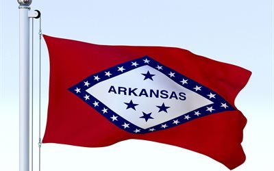 Arkansas flagga, flaggst&#229;ng, bl&#229; himmel, State of Arkansas flagga, USA, Arkansas