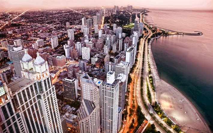 Chicago, rannikko, ilta, auringonlasku, Michiganj&#228;rvi, Chicagon kaupunkikuva, Chicagon panoraama, Illinois, USA