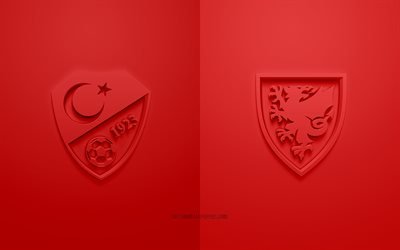 Turkki vs Wales, UEFA Euro 2020, ryhmä A, 3D-logot, punainen tausta, Euro 2020, jalkapallo-ottelu, Walesin jalkapallomaajoukkue, Turkin jalkapallomaajoukkue