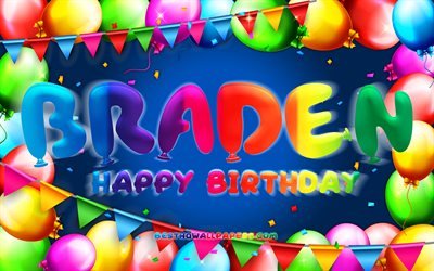 Buon compleanno Braden, 4k, cornice di palloncini colorati, nome Braden, sfondo blu, buon compleanno Braden, compleanno di Braden, nomi maschili americani popolari, concetto di compleanno, Braden