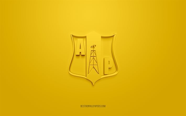 Alianza Petrolera, kreativ 3D-logotyp, gul bakgrund, 3d-emblem, colombiansk fotbollsklubb, Categoryoria Primera A, Barrancabermeja, Colombia, 3d-konst, fotboll, Alianza Petrolera 3d-logotyp