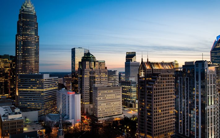 Charlotte, evening, sunset, skyscrapers, business centers, Charlotte cityscape, Charlotte skyline, Charlotte skyscrapers, North Carolina, USA