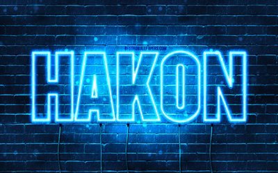 Hakon, 4k, fonds d&#39;&#233;cran avec des noms, nom Hakon, n&#233;ons bleus, joyeux anniversaire Hakon, noms masculins norv&#233;giens populaires, photo avec nom Hakon