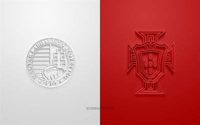 Ungheria vs Portogallo, UEFA Euro 2020, Gruppo F, loghi 3D, sfondo bianco rosso, Euro 2020, partita di calcio, squadra nazionale di calcio ungherese, squadra nazionale di calcio portoghese