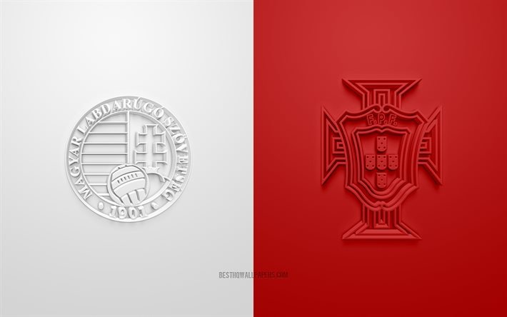 Hungria x Portugal, UEFA Euro 2020, Grupo F, logotipos 3D, fundo branco vermelho, Euro 2020, partida de futebol, sele&#231;&#227;o h&#250;ngara de futebol, sele&#231;&#227;o portuguesa de futebol