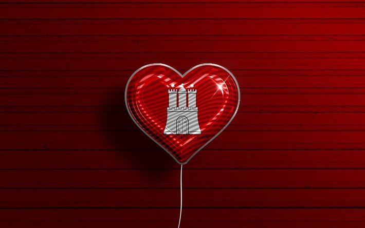Hamburg&#39;u Seviyorum, 4k, ger&#231;ek&#231;i balonlar, kırmızı ahşap arka plan, Almanya Devletleri, Hamburg bayrağı kalp, Hamburg bayrağı, bayraklı balon, Alman devletleri, Aşk Hamburg, Almanya