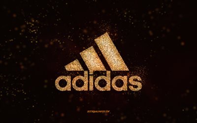 Adidas glitter logosu, siyah arka plan, Adidas logosu, sarı parıltı sanatı, Adidas, yaratıcı sanat, Adidas sarı parıltı logosu