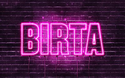 Birta, 4k, fonds d&#39;&#233;cran avec noms, noms f&#233;minins, nom Birta, n&#233;ons violets, joyeux anniversaire Birta, noms f&#233;minins islandais populaires, photo avec nom Birta